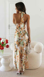 Summer Satin Dress Elegant Sleeveless Mock Neck Cocktail Party Maxi Dresses Sexy Halter Neck Floral Print Slim Casual dress