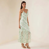 Women's Ruffle Spaghetti Strap Summer Sexy Cover-Up Mesh Long Dress
