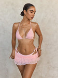 Lace Mesh Skirt Cover Up Strappy Halter Three Piece Bikini