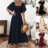Ladies Spring Summer Bohemian Square Collar Fashion Elegant Generous Lotus Leaf Sleeve Women's Dress Dress