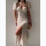 Sleeveless Floral Print Maxi Dress - Strapless Square Neck with High Slit & Waist Emphasis