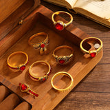 Art Vintage Palace Heart Geometric Red Zircon Bow Ring Women Luxury Band