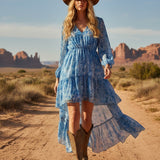 Women's Bohemian V-Neck Asymmetrical Hem Printed Long Sleeve Dress