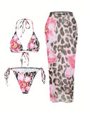 Apron Three Piece Bikini Vintage Print Long Skirt Swimsuit Women's Swimwear