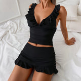 Sexy Short Skirt Two Piece Swimsuit Women Ruffled Vacation Solid Color Bikini Three Piece Set Resort Style