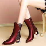 Leather Coarse Heel Pointed Short Boots Women's Middle Heel Burgundy Splicing Soft Leather Women's Boots Large Size Women's Shoes