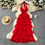 Red Halter Sleeveless Mesh Dress – V-Neck Tie-Waist Tiered Cake Maxi, Summer Vacation Statement Gown