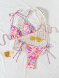 Contrasting Print Strap Sexy Bikini Split Swimsuit Batwing Short Sleeve Shirt W Plants Print