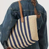 Zip-Top Woven Bag – Fall Beach Large Tote, Versatile Fashion Vacation Handheld Shoulder Straw Purse