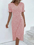 Slim-fit Women's Geometric Collage Bubble Sleeves Irregular hem Dress Sub Female Split Dress Summer Floral dress