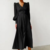 V-Neck Elegant Long Sleeve Waist-Defining Dress Style