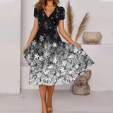 V Neck Bohemian Print Short Sleeve Dress - Flowy Casual Summer Dress with Elastic Waist