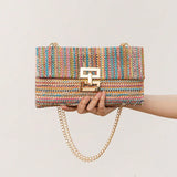 Bag ladies holiday shoulder bag, chain flip lock square purse, straw bag hobo shoulder bag women