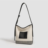 Canvas Splicing Large Capacity Bucket Bag, Wide Shoulder Strap Fashion hobo bag for women, Versatile Striped Shoulder Bag