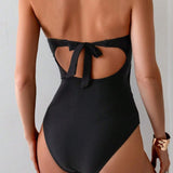 Solid Color Bandeau One Piece Women's Sexy Metal Buckle Hollow Out Slimming Swimsuit
