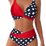 Printed Color Block Polka Dot Crisscross Backless Sexy Two Piece Swimsuit Bikini for Women