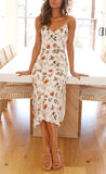 Floral Deep V Suspender Split Dress - Women's Spaghetti Strap Summer Dress