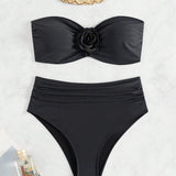 Women's Black Floral Two Piece Swimsuit Sexy High Waist Bikini Set