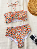 Bikini split swimsuit flower print pleated lace tube top triangular bikini