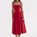 Square Neck Bustier Midi Dress - Low Cut Sleeveless Swing Sundress with Lace Trim & Spaghetti Straps