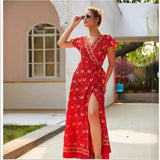 Casual vacation printed dresses lace-up big pendulum showing thin short sleeves