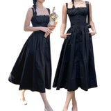 Floral Midi Corset Dress with Square Neck - Women's Smocked Lace-Up Sundress for Wedding Guest & Beach Holiday Parties