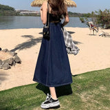 Women’s Denim A-Line Midi Skirt – Plus Size High-Waist Elastic Waist, Fall Loose-Fit Skater Skirt