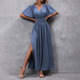 Elegant and generous deep V-neck design with split folds on both sides and waist skirt