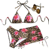 Leopard Print Bikini Three Piece Set Sexy Halterneck Thong Swimsuit for Vacation
