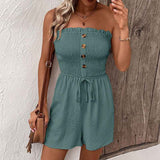 Summer Casual Vacation Solid Color Jumpsuit Design Sense Elastic Tube Top Jumpsuit Shorts Belted Wide Leg Jumpsuit With Button