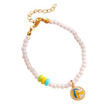 Sporty Soccer Football Rugby Pendant Pearl Beaded Necklace Bracelet Earrings Set