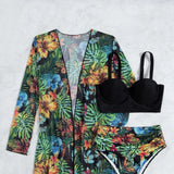 Sexy Mesh Bikini Three Piece Set Push Up Split Printed Swimsuit for Women