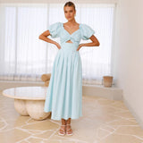 Sexy hollow women's senior sense slim A word waist medium and long dress