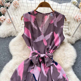 V-Neck High Waist Floral Print Wide Leg Jumpsuit - Loose Fit Women's Romper with Belt