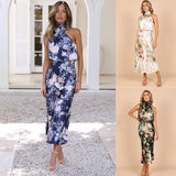 Women's Summer Sundress - Sexy Halter Sleeveless Satin Dress with Elastic Waist & Ruffle Trim