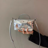 Spring and summer burst metallic mini tote bag, mini shoulder bag with crossbody strap, silver mini tote bag versatile women's bag