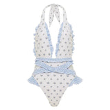 Women's Ruffled Lace Bow Floral Tie One-Piece Swimsuit Set