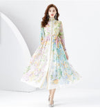 Early Spring Fashion Court Style Dress - Vintage Print Mandarin Collar Long Sleeve Flared Maxi Gown