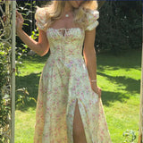 Floral Square Neck Sexy Split Swing Spring Dress Off Shoulder Flower Print Sexy Dress
