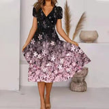 V Neck Bohemian Print Short Sleeve Dress - Flowy Casual Summer Dress with Elastic Waist