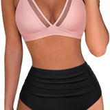High Waist Bikini Mesh Panel Sexy Backless Ruffled Swimsuit