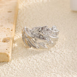 Luxury Leaf Texture Copper Inlaid Zircon Ring Gold Two-Tone Open Ring