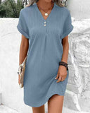 Solid Color Pullover Comfortable Casual Button Dress V-Neck Batwing Sleeve Dress