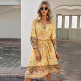 Spring Women's Bohemian Print Dress Long Sleeve V-Neck Tie A-Shape Dress Style