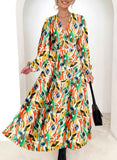 Bohemian female Long Lantern Sleeves Dress-Boho deep V printing high waist casual dress for women