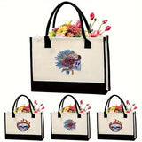 Canvas tote bag, large capacity printed tote bag women's, fashionable waterproof portable shopping bag