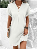 Solid Color Pullover Comfortable Casual Button Dress V-Neck Batwing Sleeve Dress
