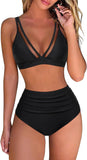 High Waist Bikini Mesh Panel Sexy Backless Ruffled Swimsuit