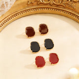 Vintage Irregular Square Red Black Glazed Ring & Earrings Set Women Jewelry