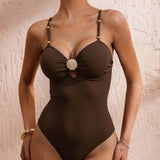 Women's One Piece Swimsuit Wide Shoulder Straps Shell Metal Link Buckle Slimming Covering No Underwire Comfortable